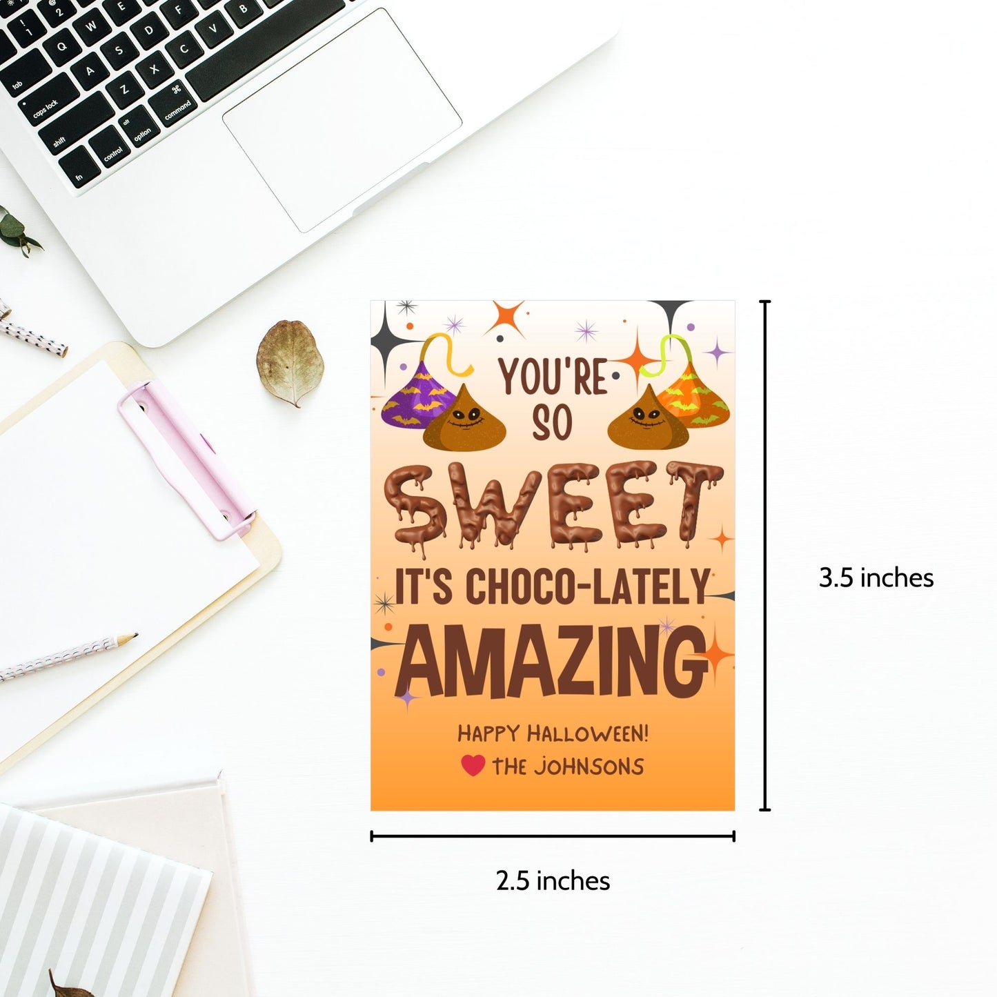 Halloween-themed printable gift tags with the message "You're So Sweet It's Choco-lately Amazing" featuring playful chocolate designs. Tags are 2.5 x 3.5 inches, laid out 8 per sheet on a standard 8.5 x 11-inch page. Includes a printable PDF and a PDF with a link to an editable Canva template.