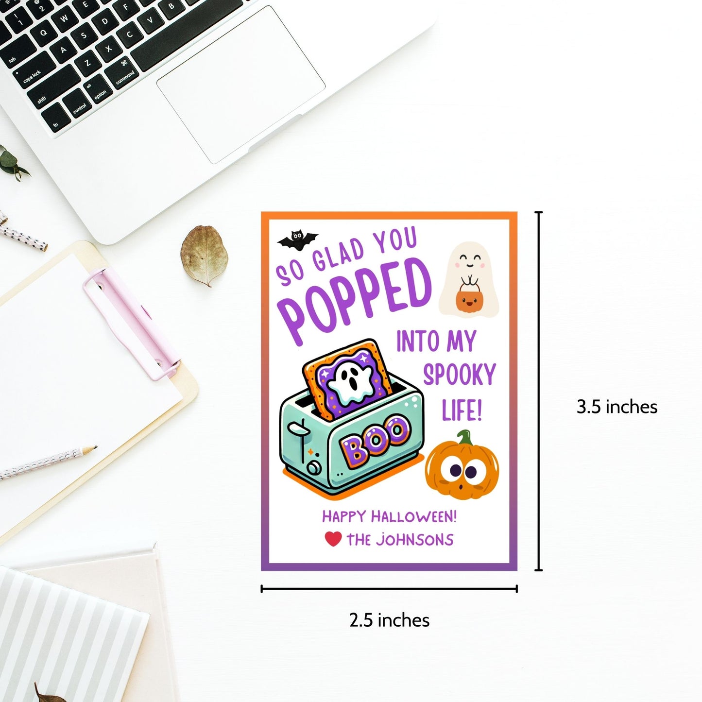 Halloween gift tag featuring a toaster with Pop-Tarts and ghosts with the message 'So Glad You Popped into My Spooky Life!' for Halloween Pop-Tart gifts. Perfect for printable and editable Halloween treat tags.