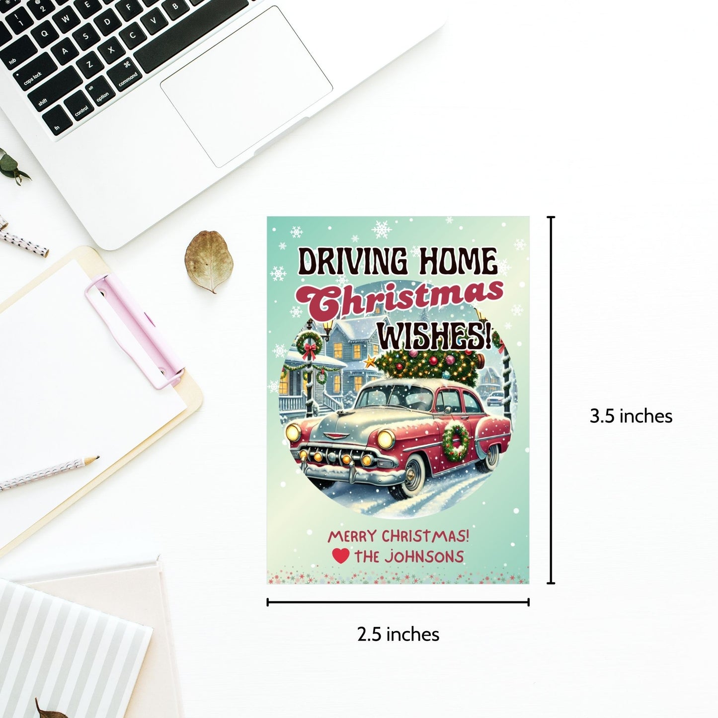 Retro-inspired Christmas gift tags featuring a vintage car decorated with wreaths driving through a snowy holiday scene, paired with the message "Driving Home Christmas Wishes!" These printable and editable tags add a nostalgic holiday touch to Christmas gifts.