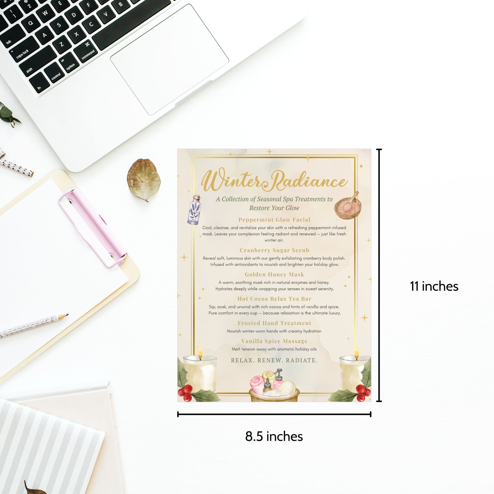 Product description sheet for 'Winter Radiance' with dimensions and a laptop in the background