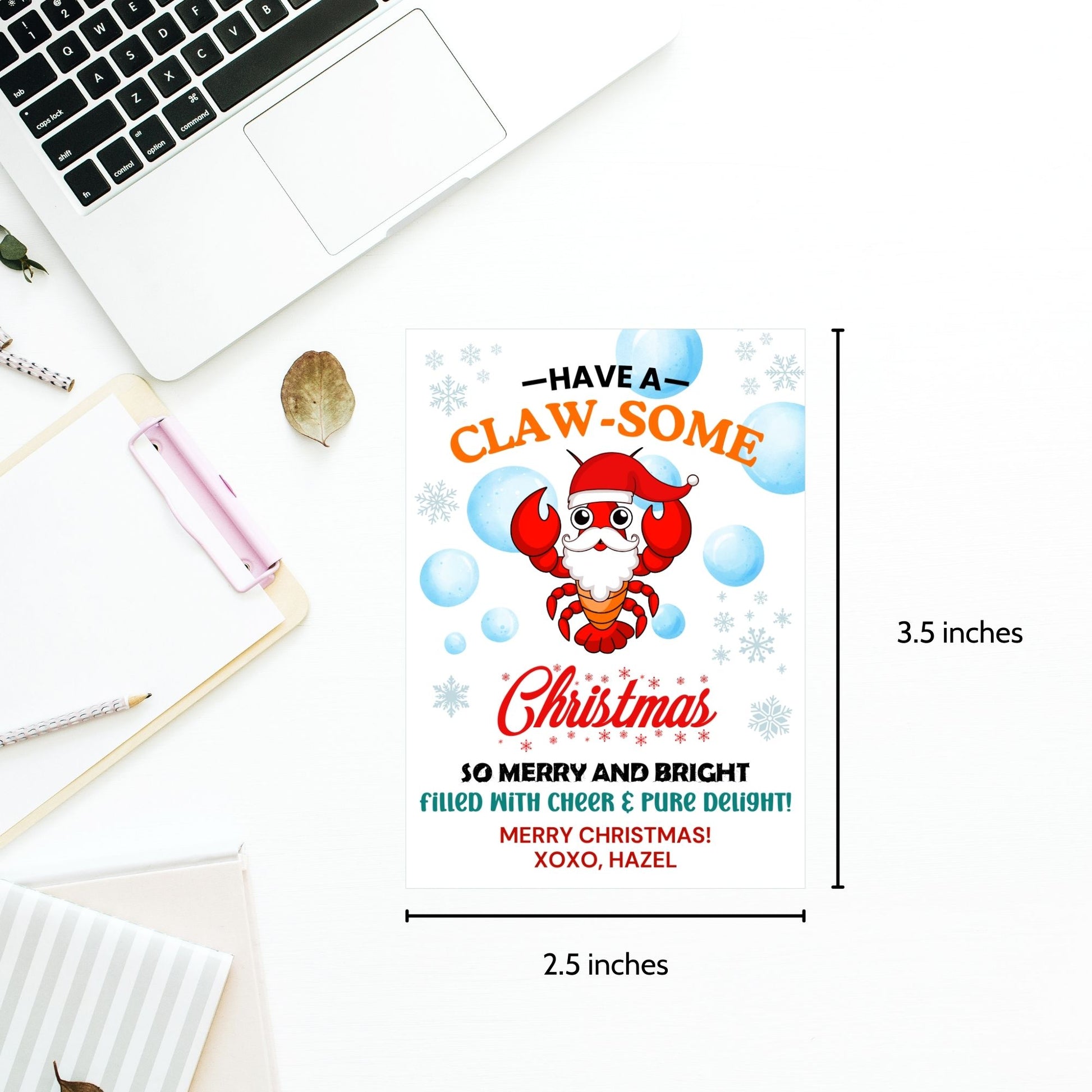 Lobster-themed Christmas gift tags featuring a bright red lobster in a Santa hat surrounded by bubbles and snowflakes, with the cheerful message 'Have a Claw-some Christmas. So Merry and Bright, Filled with Cheer & Pure Delight!' Perfect for adding a coastal charm to holiday gifts.