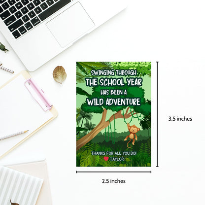 Jungle-themed teacher appreciation gift tags featuring a swinging monkey with the message "Swinging Through the School Year Has Been a Wild Adventure," sized 2.5 x 3.5 inches, laid out 8 per sheet on an 8.5 x 11-inch printable page. Includes editable Canva template for personalization.