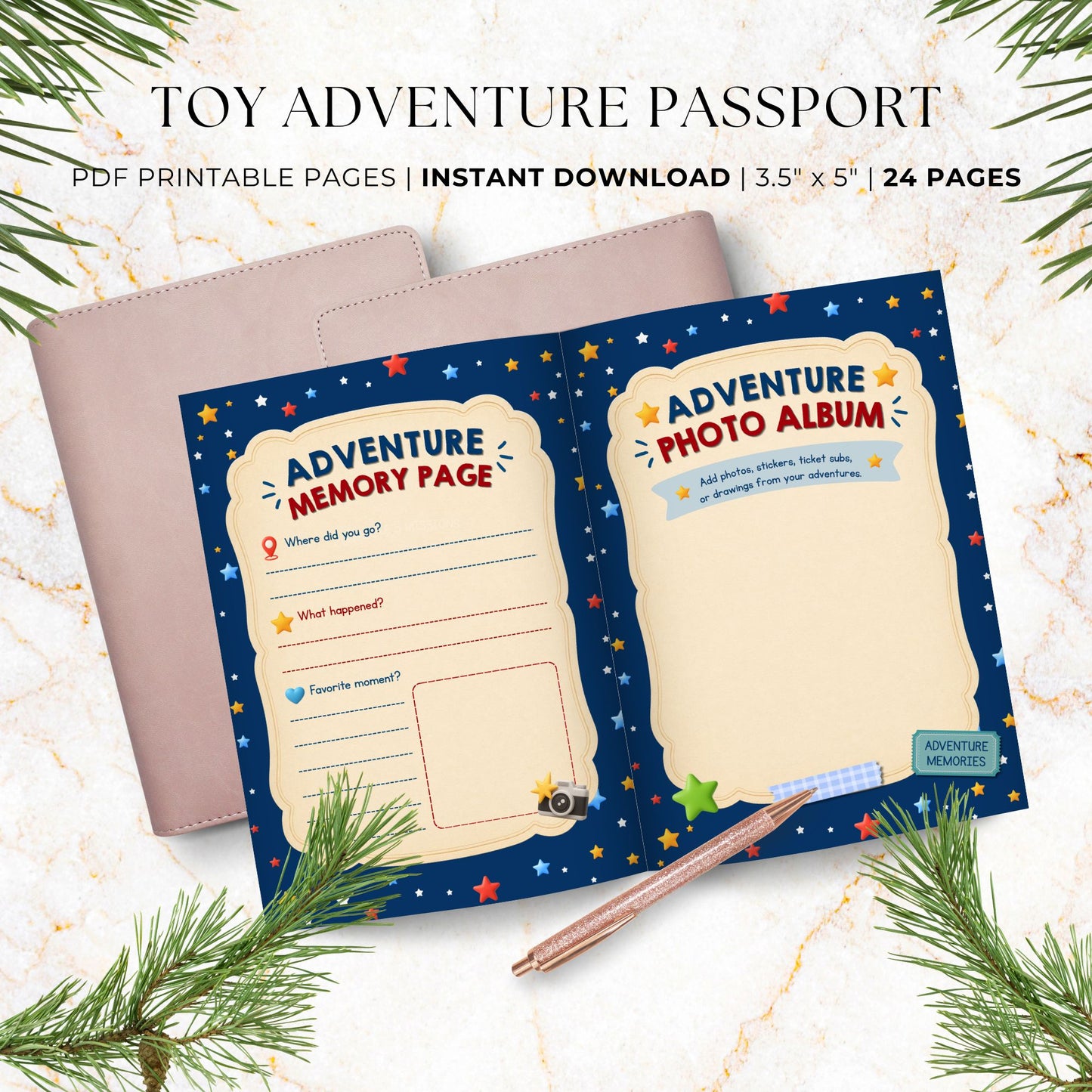 Toy Adventure Passport printable featuring Adventure Memory page and Adventure Photo Album with space for photos, stickers, ticket stubs, and drawings.
