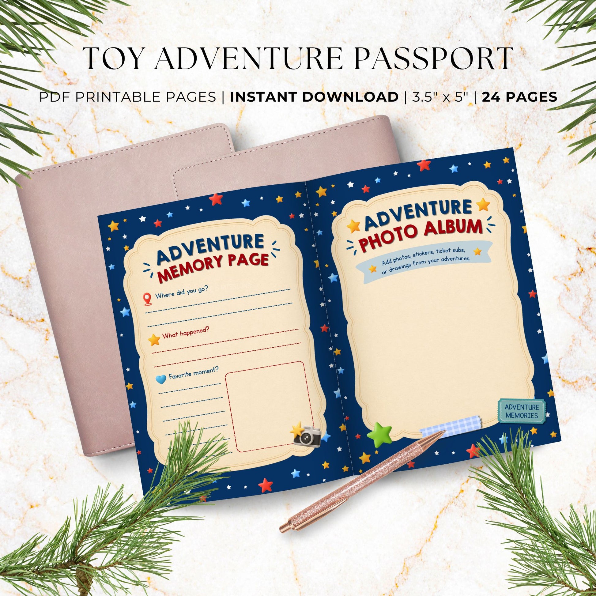Toy Adventure Passport printable featuring Adventure Memory page and Adventure Photo Album with space for photos, stickers, ticket stubs, and drawings.