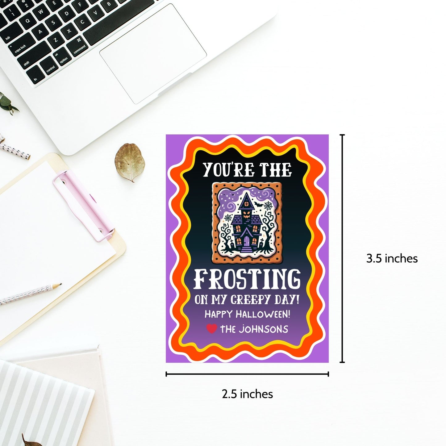 Colorful Halloween Pop-Tart-themed gift tag with a haunted house design and the message 'You're the Frosting on My Creepy Day!' Perfect for spooky treat bags.