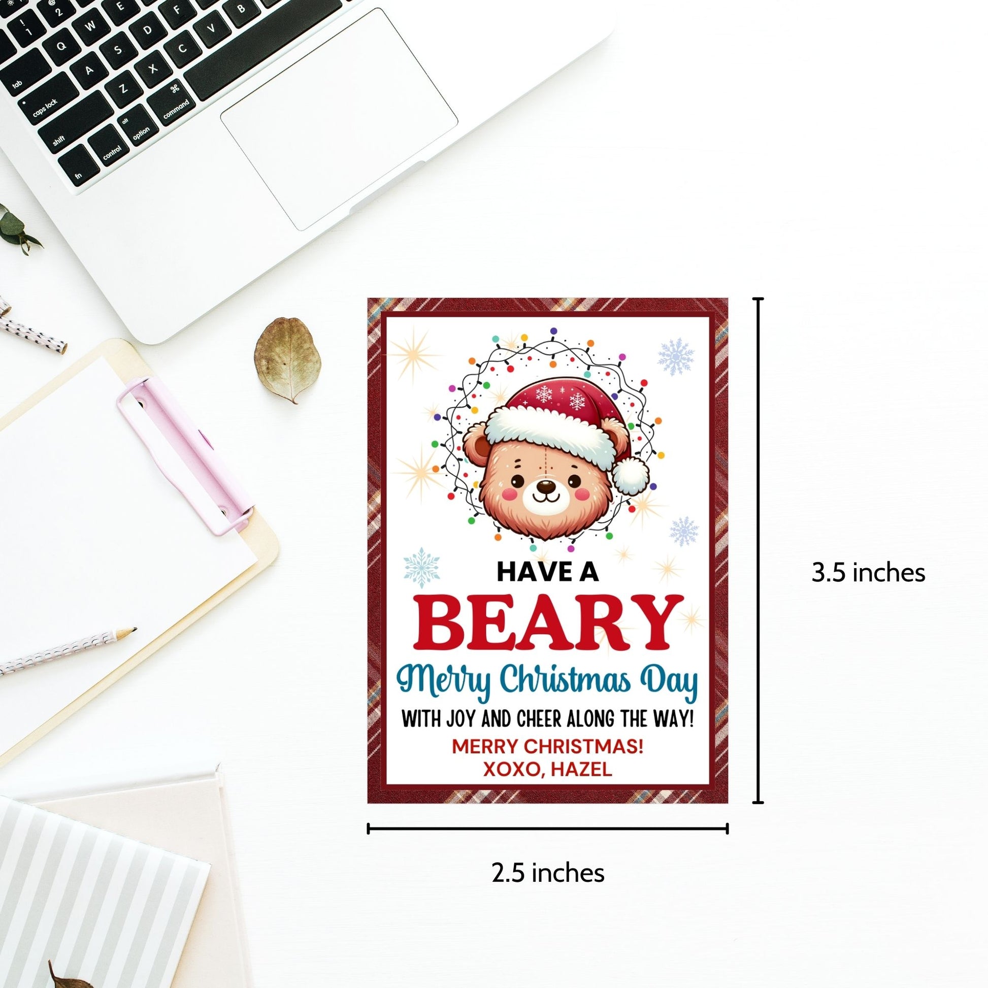 Cute bear-themed holiday gift tags featuring an adorable bear wearing a Santa hat and wrapped in Christmas lights, with the message 'Have a Beary Merry Christmas Day with joy and cheer along the way!' Perfect for personalized holiday gifts.