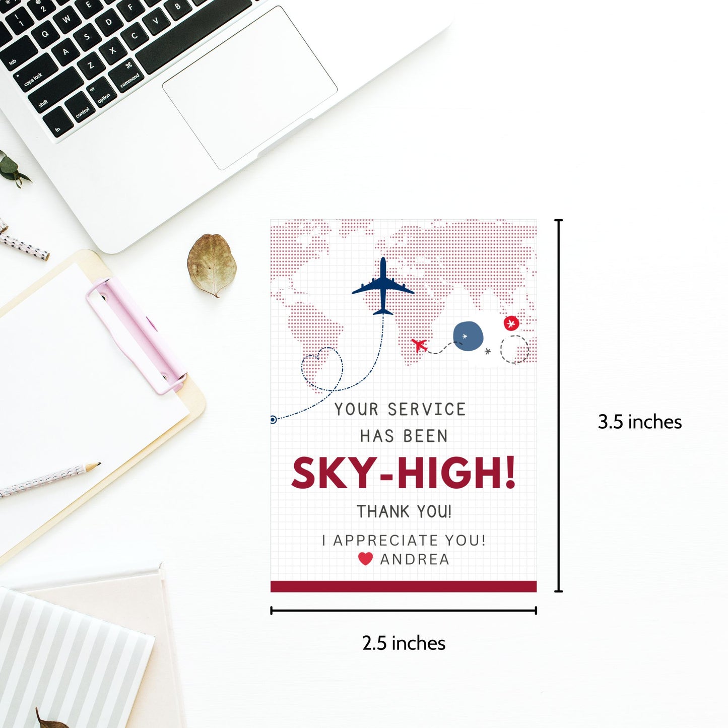 Printable and editable aviation-themed thank you gift tags with airplane illustration in red, navy, and sky tones, designed for flight crew appreciation gifts.