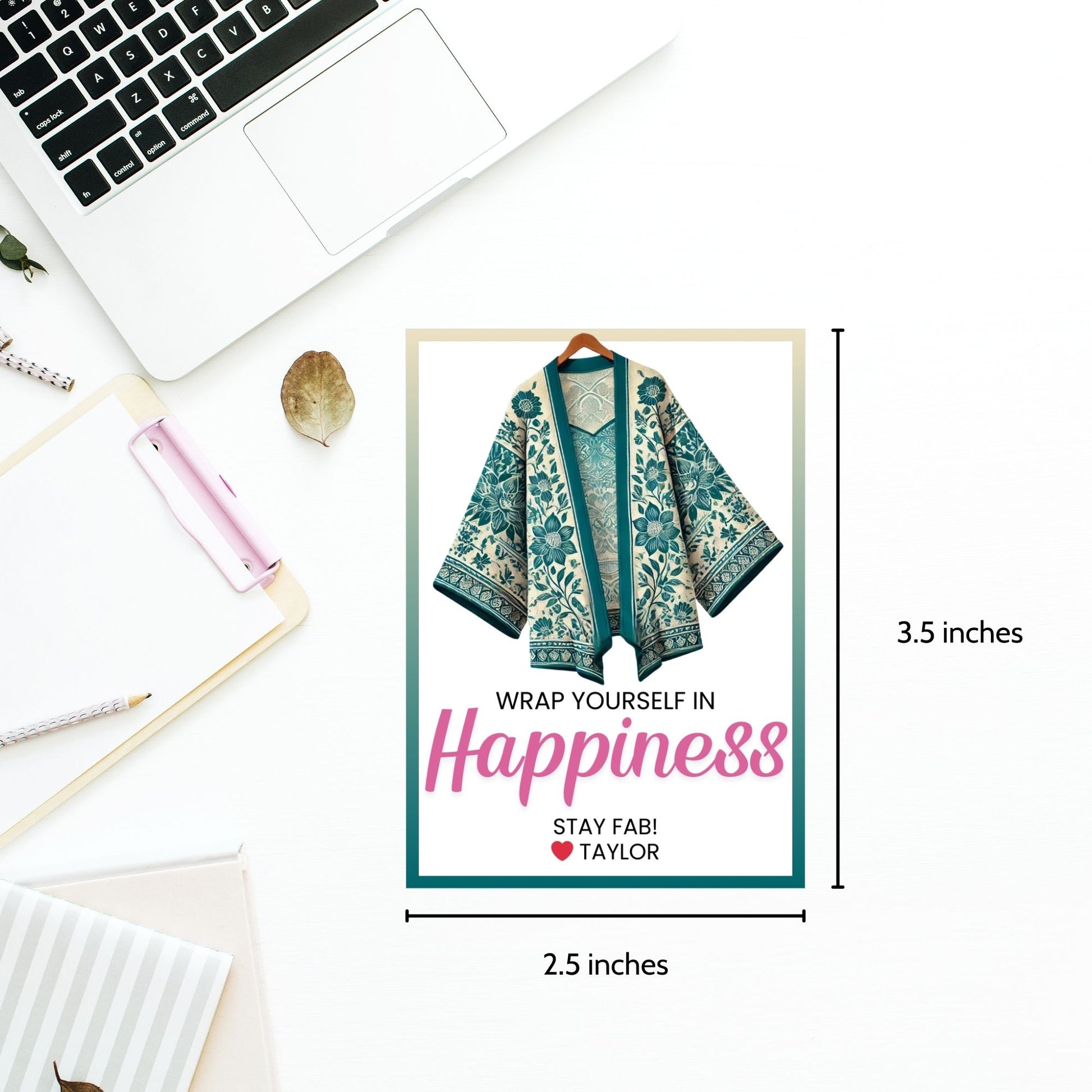 Printable kimono gift tags featuring a colorful kimono design with the text "Wrap Yourself in Happiness" and customizable space for names, perfect for adding a personal touch to any gift.