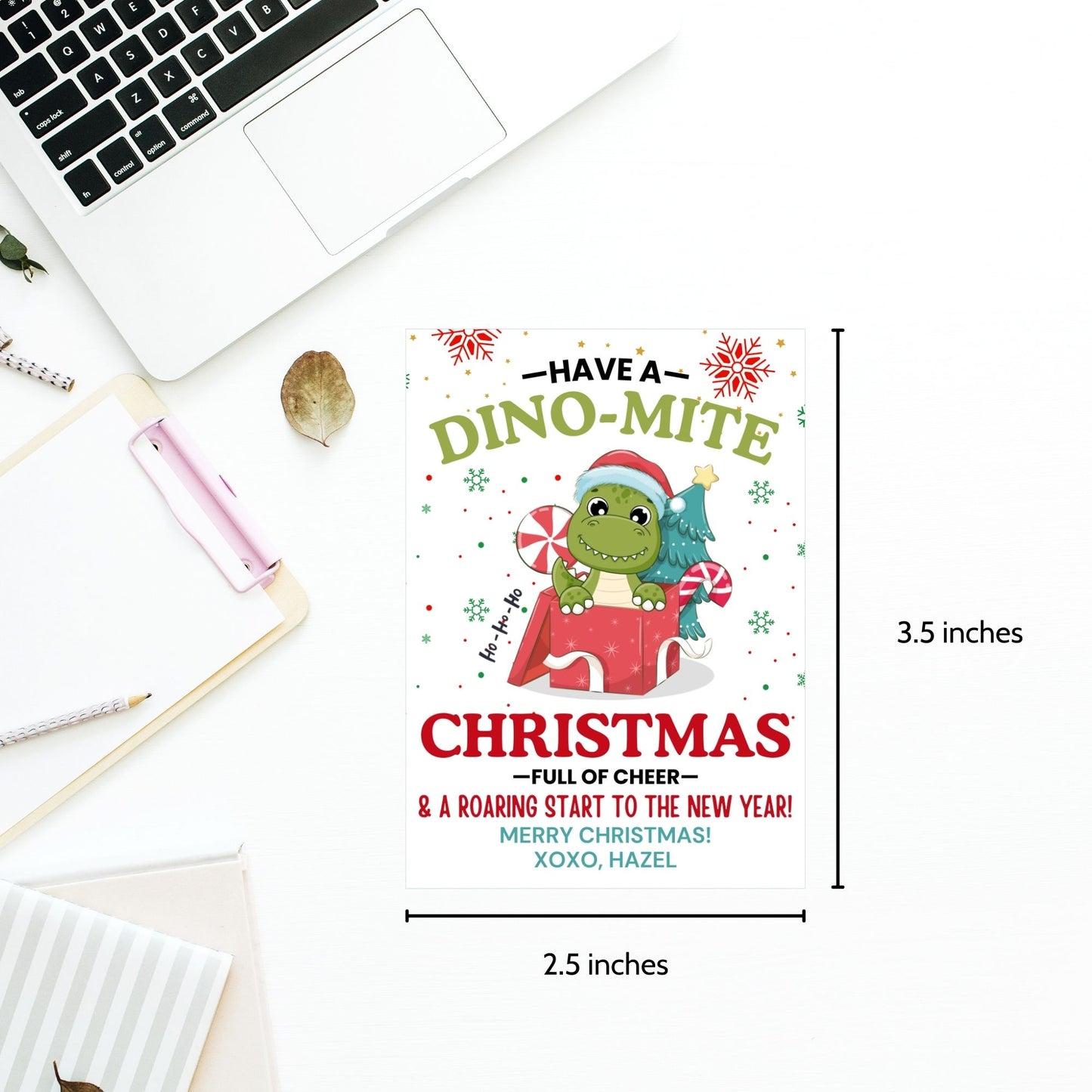 Adorable dinosaur-themed Christmas gift tags featuring a festive green dino in a Santa hat and the message 'Have a Dino-Mite Christmas full of cheer & a roaring start to the New Year!' Perfect for adding a playful touch to holiday gifts.