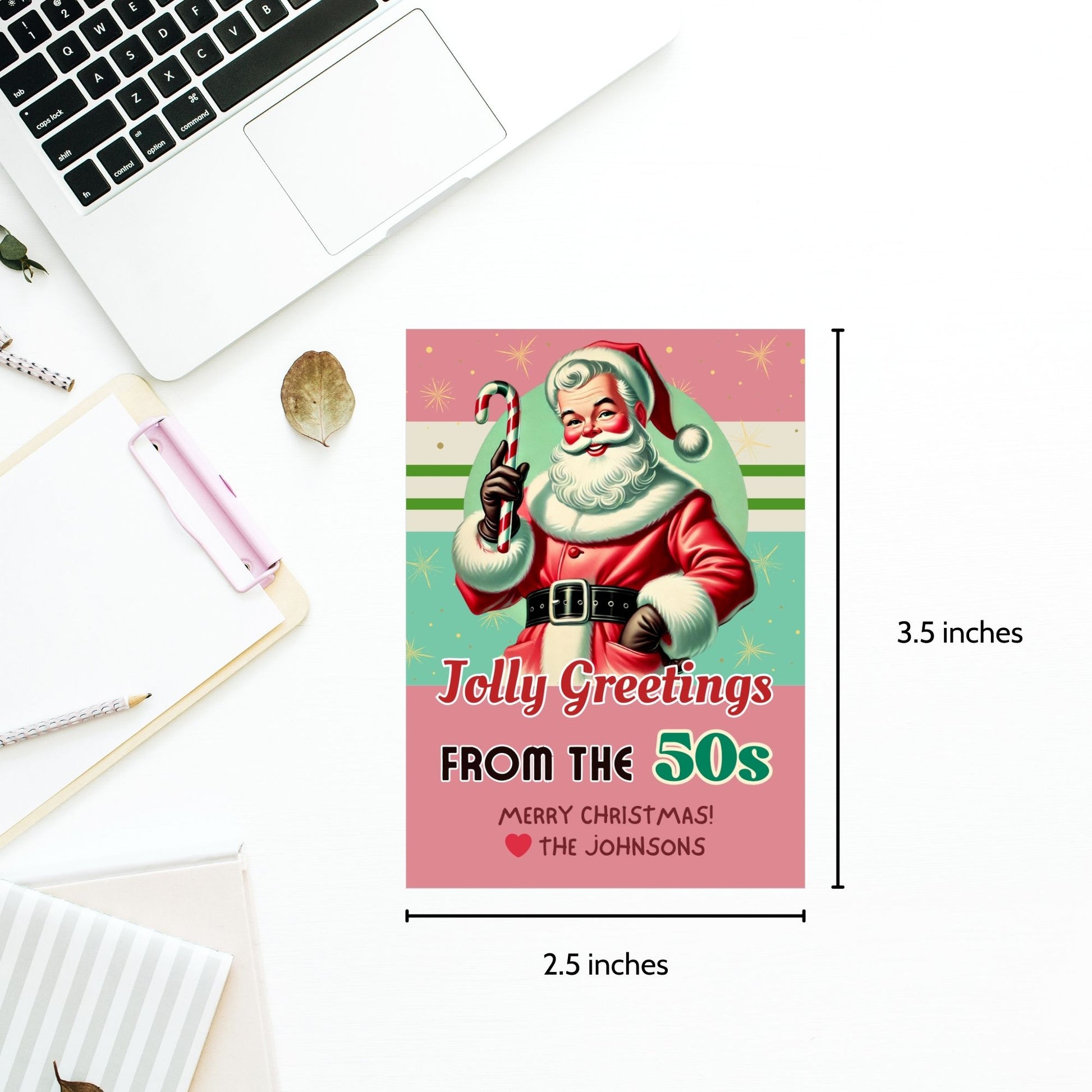 Retro-inspired Christmas gift tags featuring a vintage Santa holding a candy cane, with the text "Jolly Greetings from the 50s." These printable and editable tags evoke a nostalgic holiday vibe, perfect for adding a classic touch to Christmas gifts.