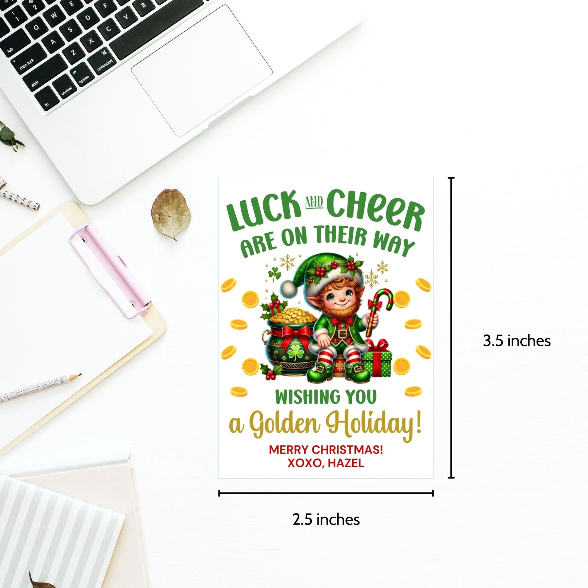 Festive leprechaun-themed holiday gift tags featuring a cheerful elf in a green outfit, surrounded by golden coins, presents, and candy canes. The tag reads 'Luck and Cheer are on Their Way - Wishing You a Golden Holiday!'