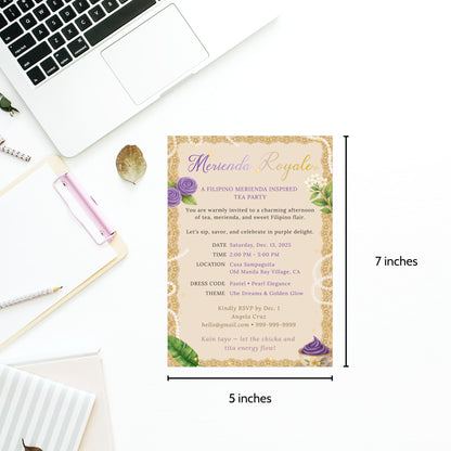 Invitation card for a Merienda Royale event with dimensions and a laptop in the background