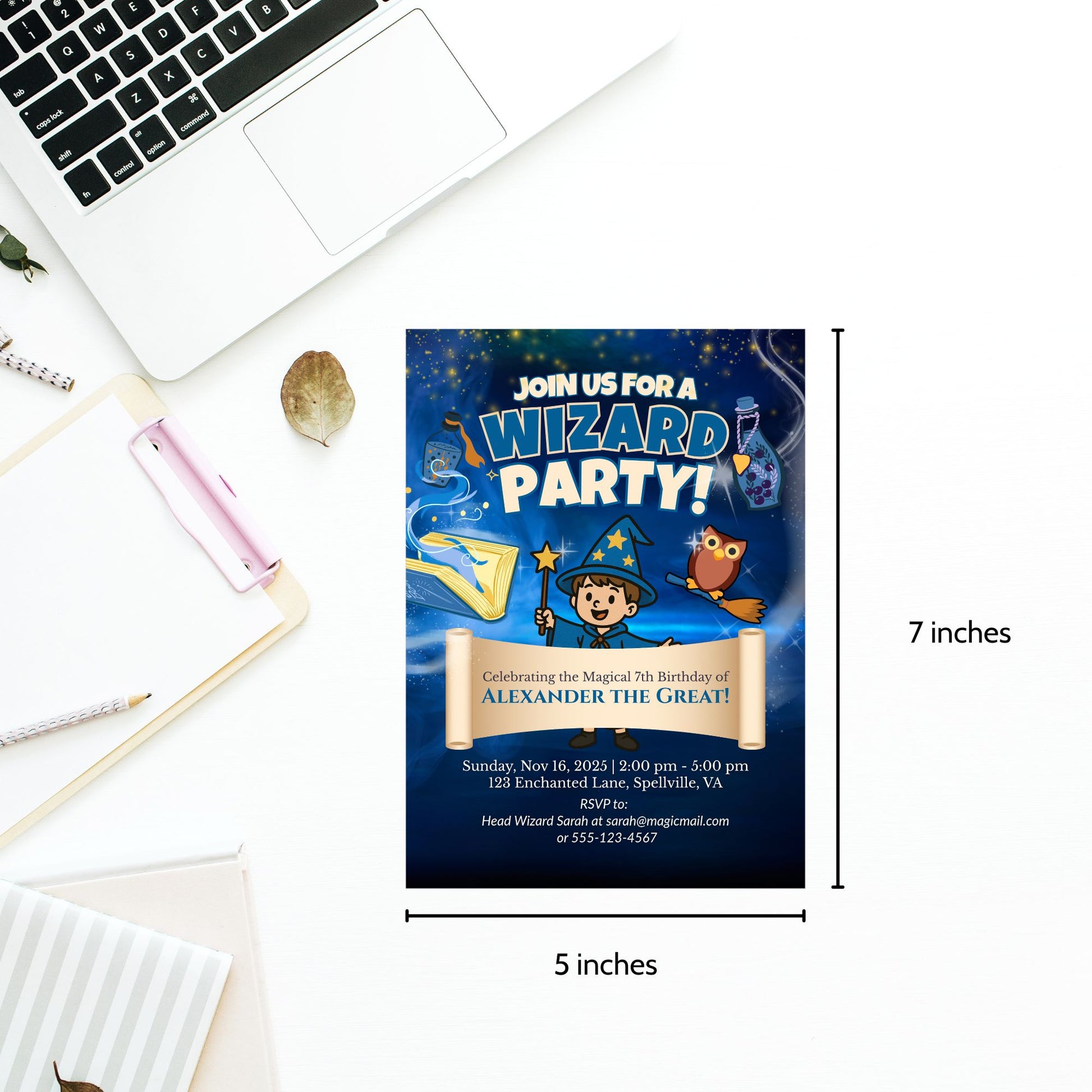 Wizard-themed invitation template featuring a boy wizard with wand, spell book, flying owl, and magical background. Includes editable party details on a scroll banner.