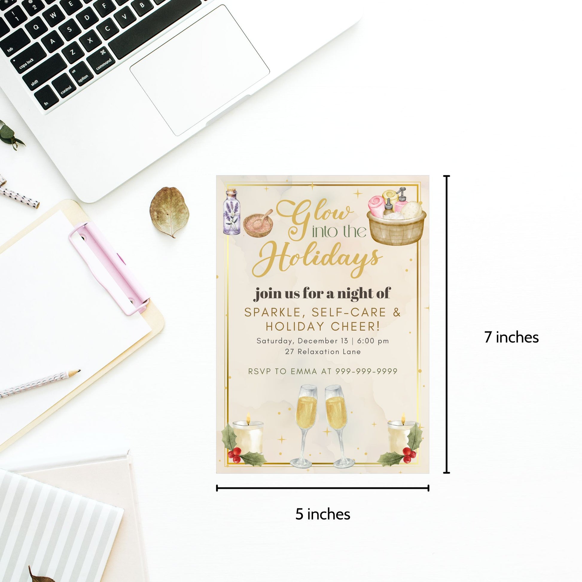 Editable Glow into the Holidays spa party invitation with elegant winter glow design, featuring pastel gold and blush accents, customizable Canva template, printable 5x7 invite for Christmas self-care event.