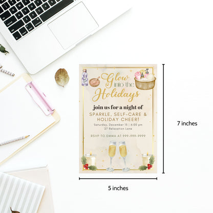 Editable Glow into the Holidays spa party invitation with elegant winter glow design, featuring pastel gold and blush accents, customizable Canva template, printable 5x7 invite for Christmas self-care event.