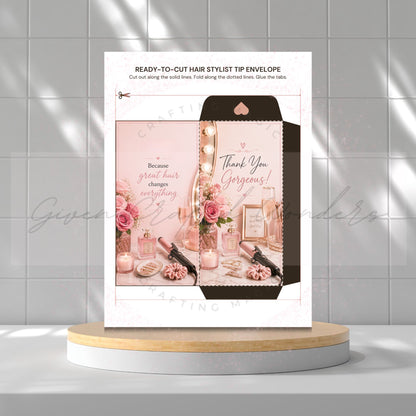 A printed hair stylist tip envelope card displayed upright on a round pedestal against a tiled wall. The card shows a pink and black envelope design with floral and cosmetic illustrations, plus the text 'READY-TO-CUT HAIR STYLIST TIP ENVELOPE' and 'Thank You Gorgeous!'.
