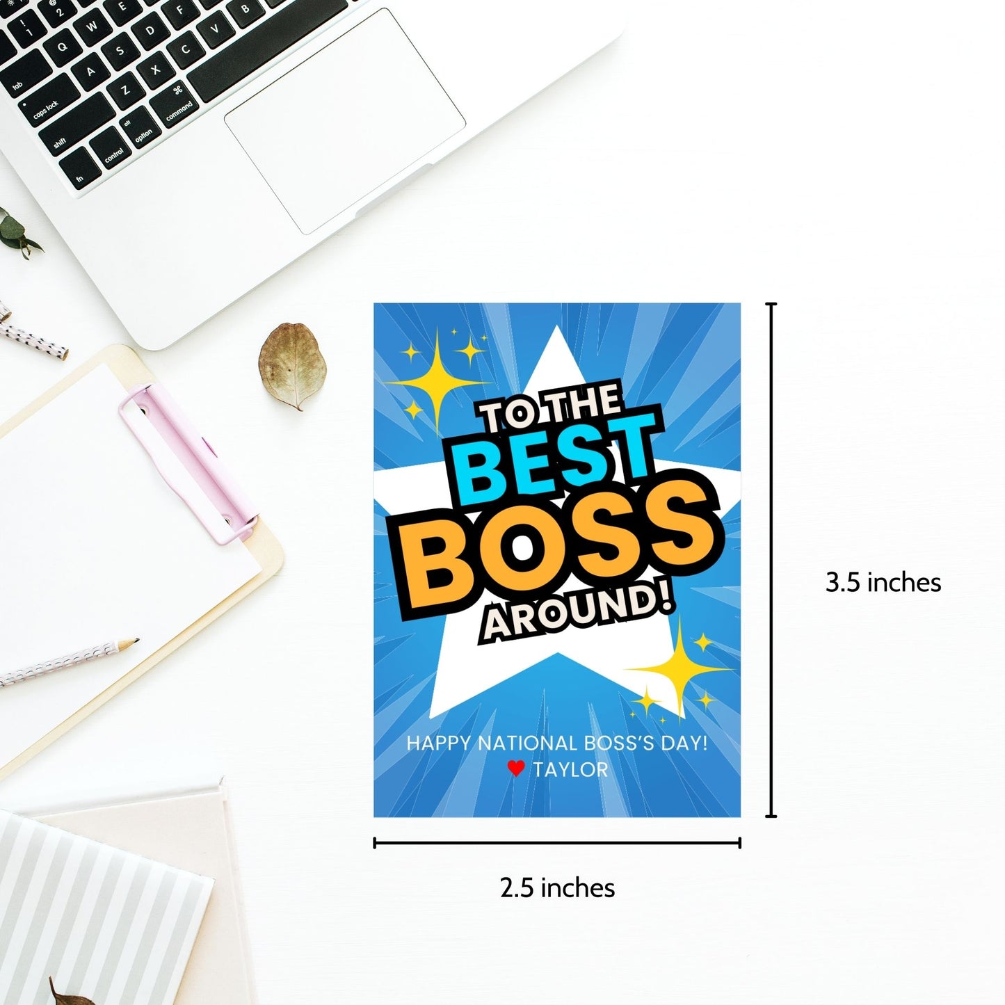 Editable National Boss's Day gift tags with the bold message "To the Best Boss Around!" against a bright blue and starburst background. Each tag is 2.5 x 3.5 inches, 8 per sheet.