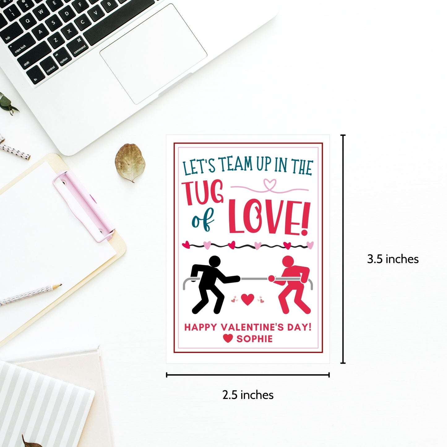 Tug-of-war-themed printable Valentine’s Day gift tags with the message "Let’s Team Up in the Tug of Love!" featuring customizable name options. Perfect for kids, coworkers, and loved ones.