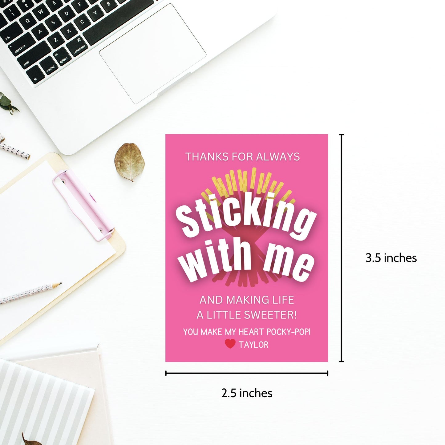 Strawberry Pocky thank you printable gift tags in pink reading “Thanks for Always Sticking With Me and Making Life a Little Sweeter,” 2.5x3.5 inches, 8 per 8.5x11 sheet, editable Canva template included.