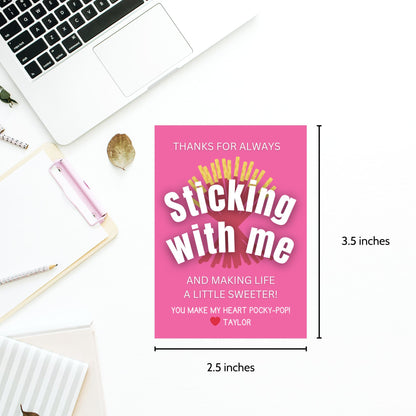 Strawberry Pocky thank you printable gift tags in pink reading “Thanks for Always Sticking With Me and Making Life a Little Sweeter,” 2.5x3.5 inches, 8 per 8.5x11 sheet, editable Canva template included.
