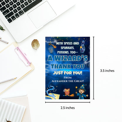 Wizard-themed thank you card with measurements on a desk