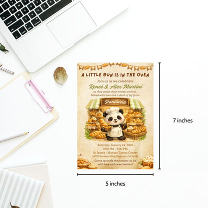 Editable Pandaria panda bakery themed invitation featuring a cute panda baker surrounded by artisan bread and warm bakery details. Whimsical 5x7 Canva invitation perfect for baby showers, birthdays, and bakery-themed celebrations.