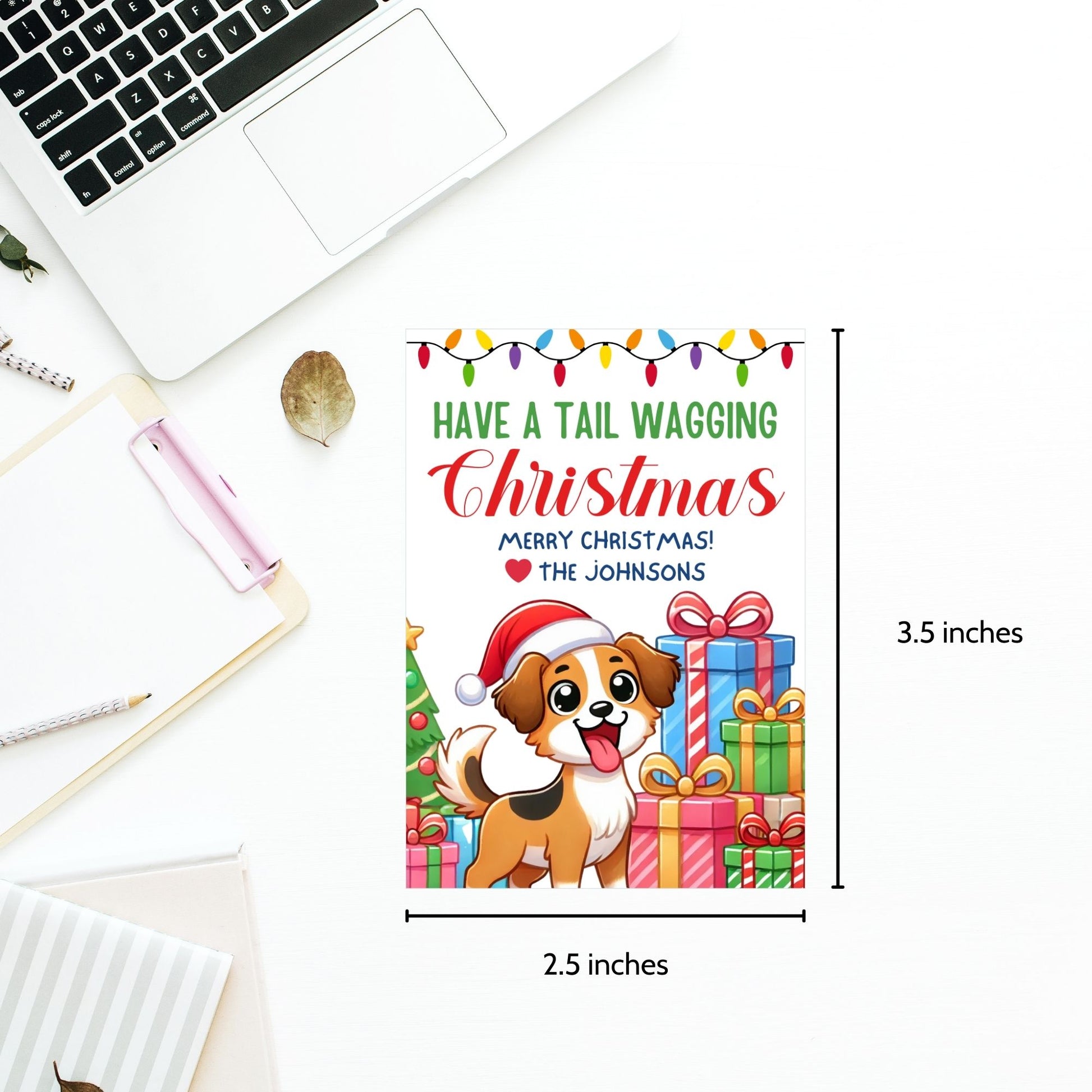 Christmas gift tags featuring a happy dog wearing a Santa hat with festive presents and colorful lights, paired with the message "Have a Tail Wagging Christmas." These printable and editable tags add a playful touch to holiday gifts for dog lovers.