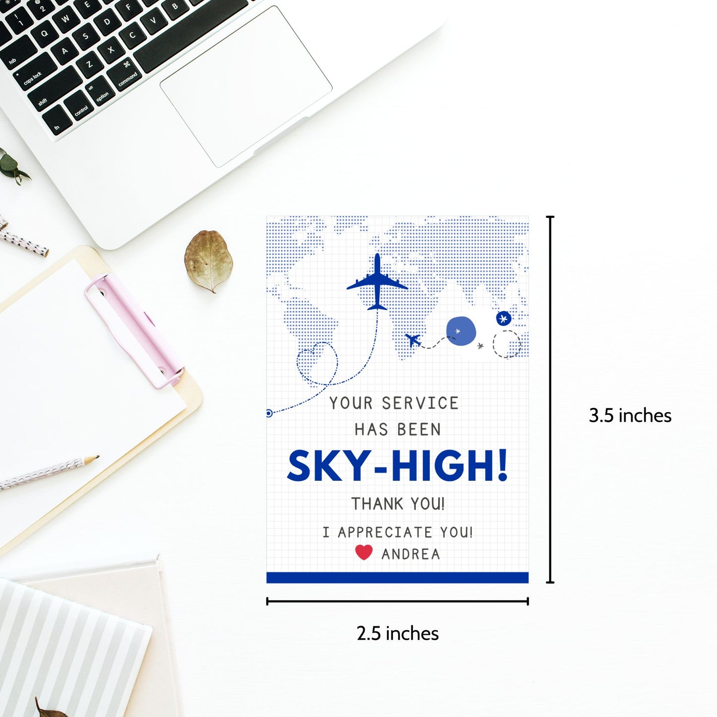 Printable aviation thank you gift tags in classic blue and white with airplane design, ideal for flight crew appreciation gifts.