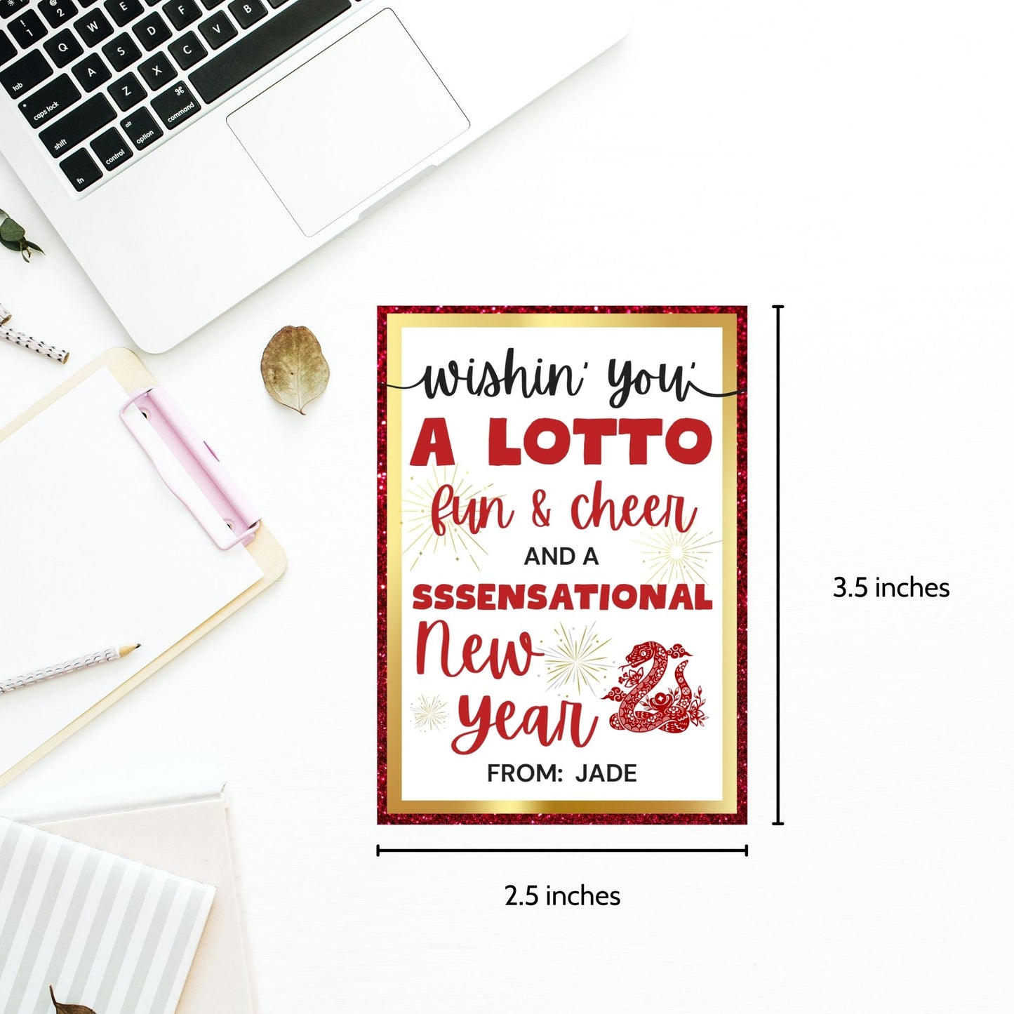 A printable Year of the Snake-themed gift tag with vibrant red and gold accents, featuring a playful message for New Year celebrations and scratch-off lottery gifts.