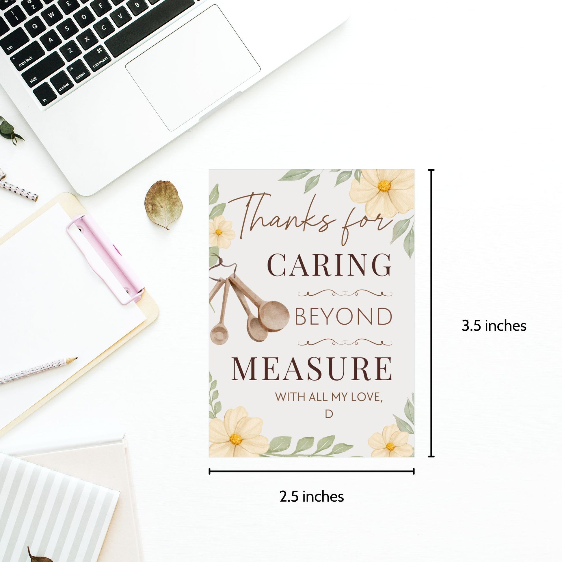 Printable and editable “Thanks for Caring Beyond Measure” gift tag with kitchen theme – perfect for caregivers, nurses, and appreciation gifts.