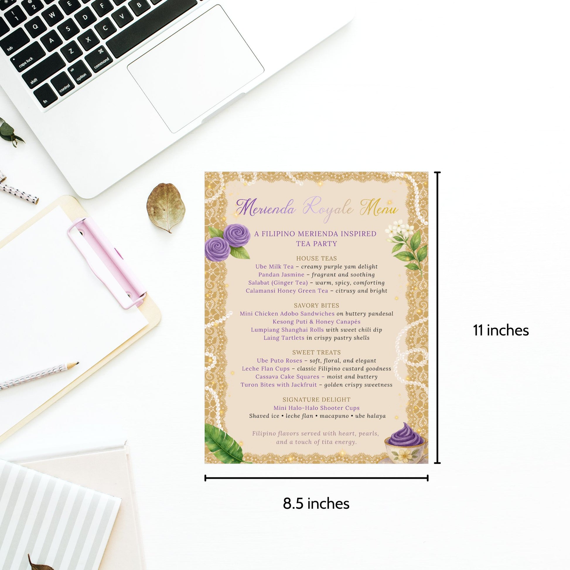 Menu card with decorative elements on a white surface with a laptop and stationery items.
