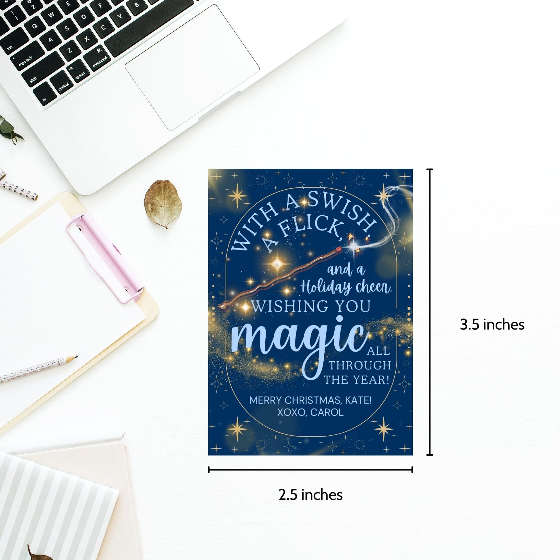 Harry Potter-inspired holiday gift tags featuring a wand, swirling gold magic, and starry background with the message 'With a Swish & Flick and Holiday Cheer, Wishing You Magic All Through the Year.'