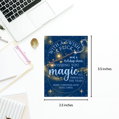 Harry Potter-inspired holiday gift tags featuring a wand, swirling gold magic, and starry background with the message 'With a Swish & Flick and Holiday Cheer, Wishing You Magic All Through the Year.'