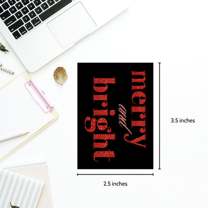 A set of ready-to-print Christmas gift tags featuring striking red glitter text on a black background with festive messages like "Merry and Bright" and "Season's Greetings." Each tag is sized at 2.5 x 3.5 inches, perfect for bold and festive holiday gifting.