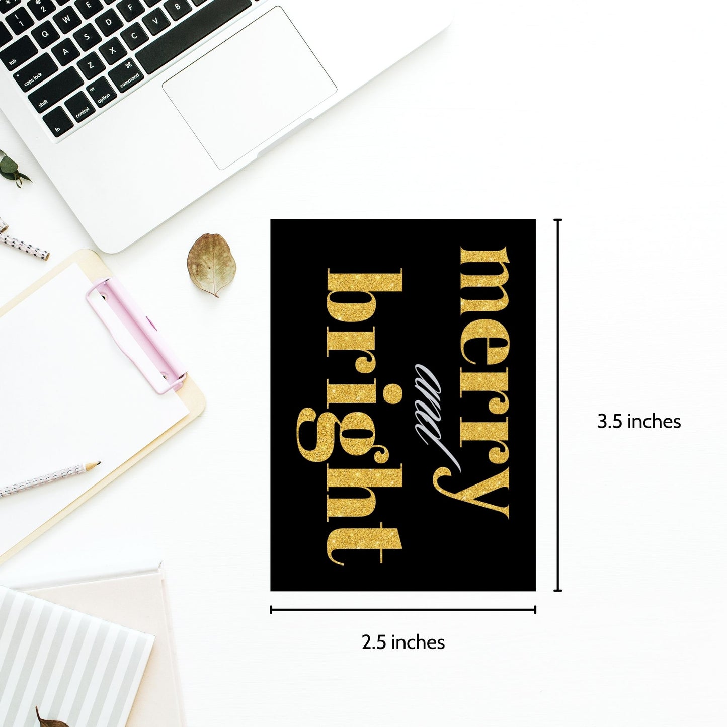 A set of printable black and gold Christmas gift tags featuring luxurious designs with festive messages like "Merry and Bright" and "Season's Greetings." Each tag measures 2.5 x 3.5 inches and is laid out on an 8.5 x 11-inch sheet.