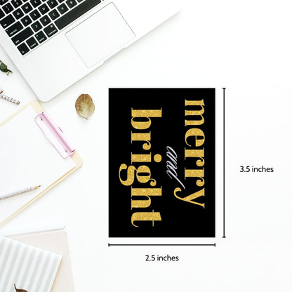 A set of printable black and gold Christmas gift tags featuring luxurious designs with festive messages like "Merry and Bright" and "Season's Greetings." Each tag measures 2.5 x 3.5 inches and is laid out on an 8.5 x 11-inch sheet.