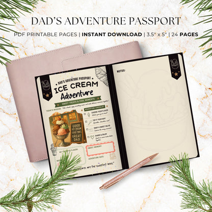 Dad's Adventure Passport printable Father's Day gift featuring 24 pages of family adventures, memory prompts, completion certificate, and printable booklet format for dads and kids.