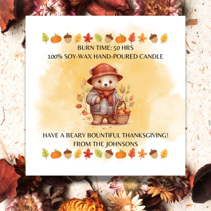 A set of 9 "Beary Bountiful Thanksgiving" themed Fall candle labels featuring charming bears, autumn leaves, and Thanksgiving motifs. The 2.75-inch square labels come as fixed designs with editable text for personal customization.