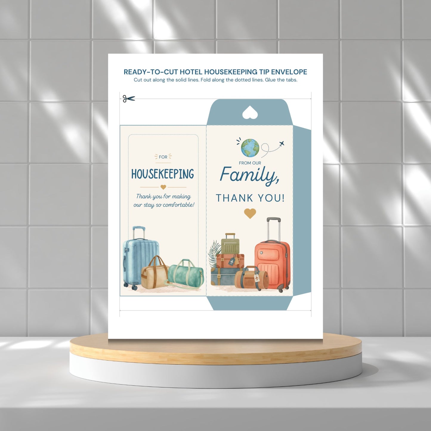 A printed housekeeping tip envelope template displayed upright on a round wooden pedestal against a light gray tiled wall. The card design includes illustrated suitcases, the text 'READY-TO-CUT HOTEL HOUSEKEEPING TIP ENVELOPE,' and 'FOR HOUSEKEEPING' and 'FROM OUR Family, THANK YOU!' with a small heart.