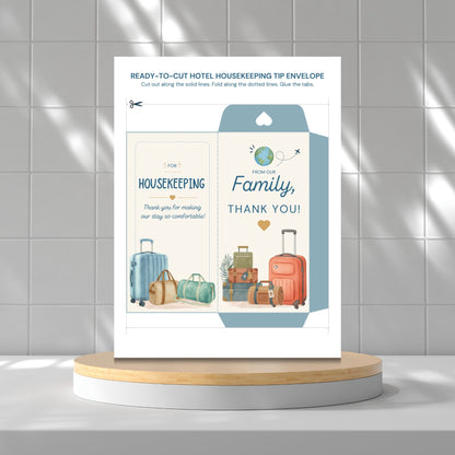 A printed housekeeping tip envelope template displayed upright on a round wooden pedestal against a light gray tiled wall. The card design includes illustrated suitcases, the text 'READY-TO-CUT HOTEL HOUSEKEEPING TIP ENVELOPE,' and 'FOR HOUSEKEEPING' and 'FROM OUR Family, THANK YOU!' with a small heart.
