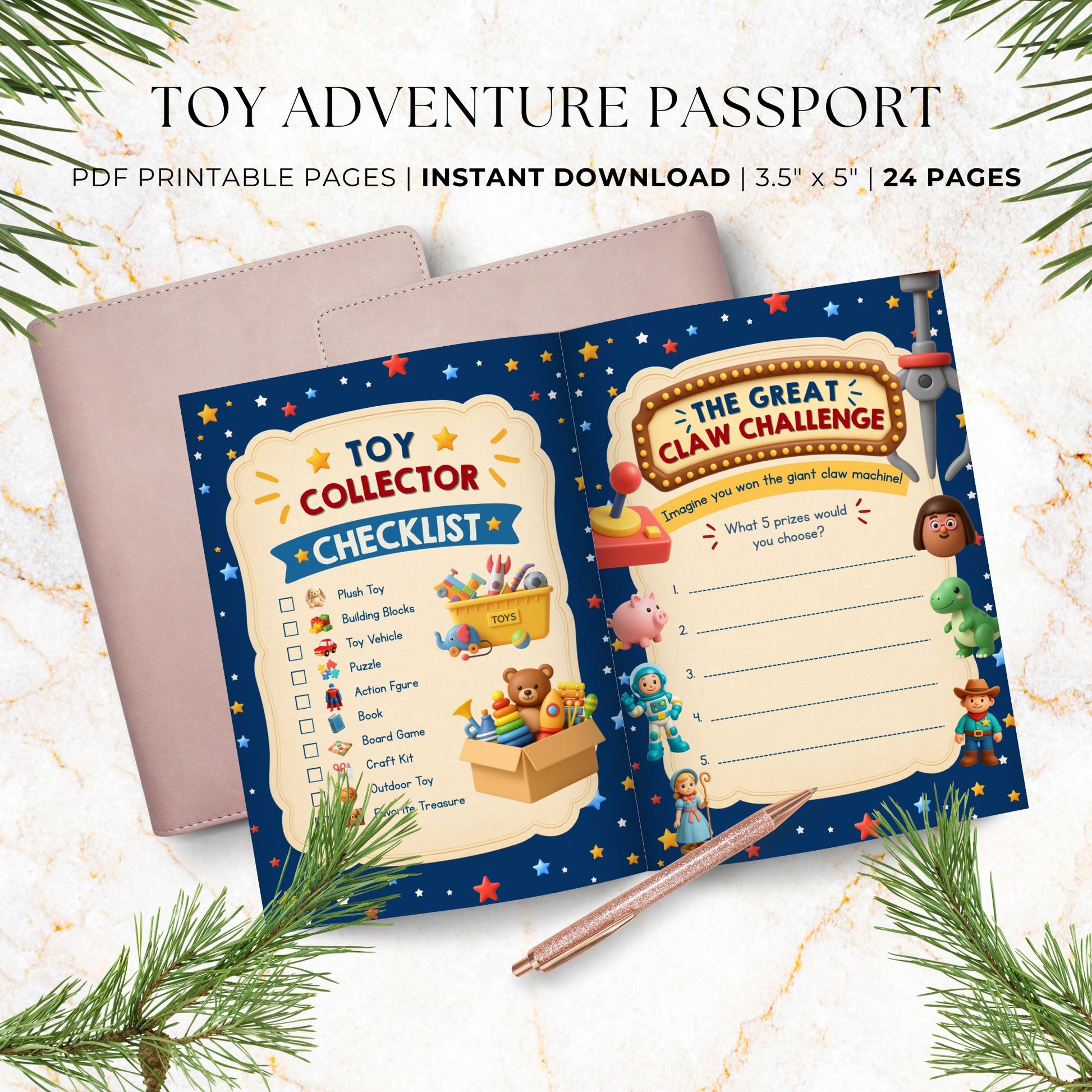 Printable kids activity passport featuring Toy Collector Checklist and Great Claw Challenge pages with toy-themed activities and creative writing prompts.