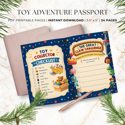Printable kids activity passport featuring Toy Collector Checklist and Great Claw Challenge pages with toy-themed activities and creative writing prompts.