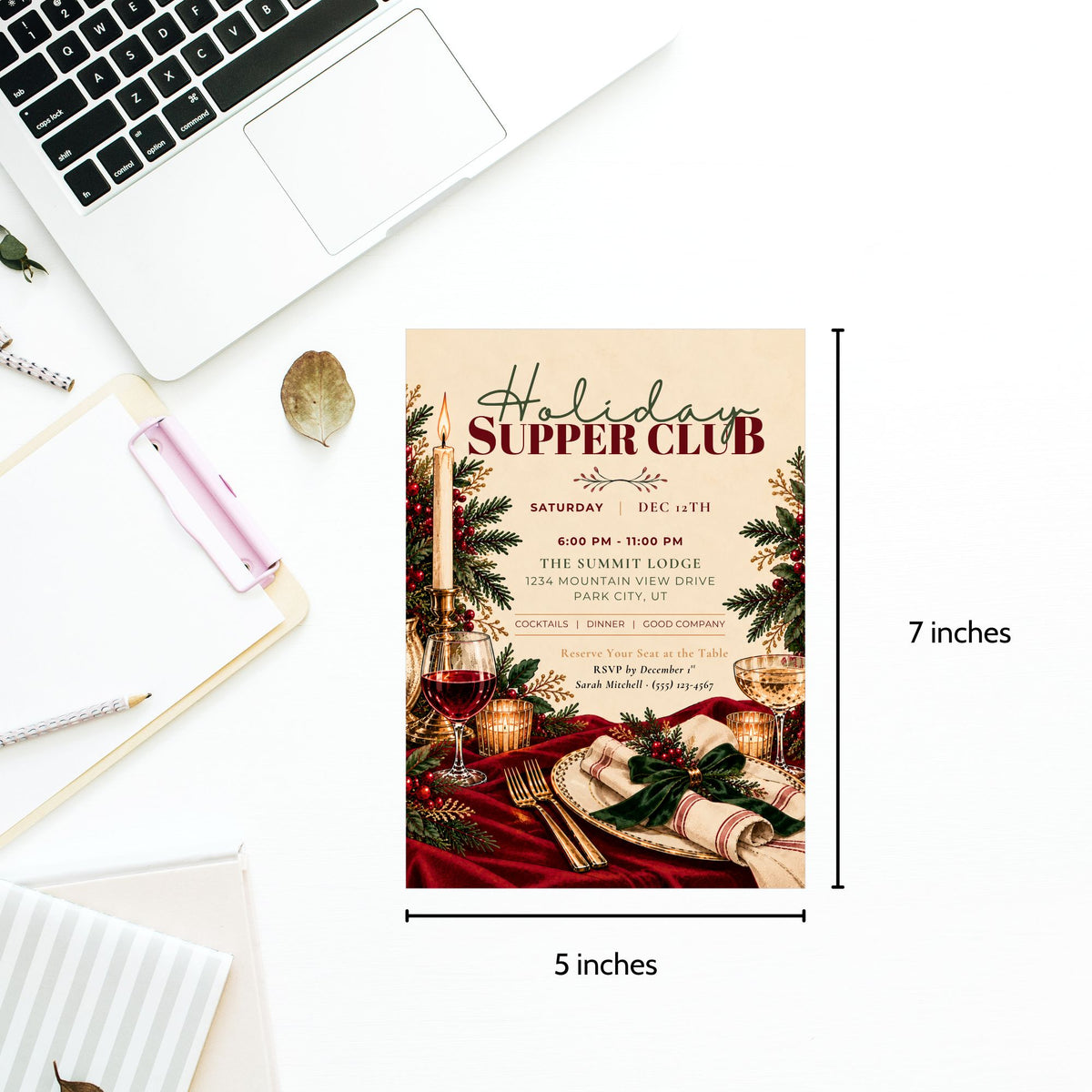 Holiday Supper Club Christmas dinner party invitation and Excel party planner editable Canva template