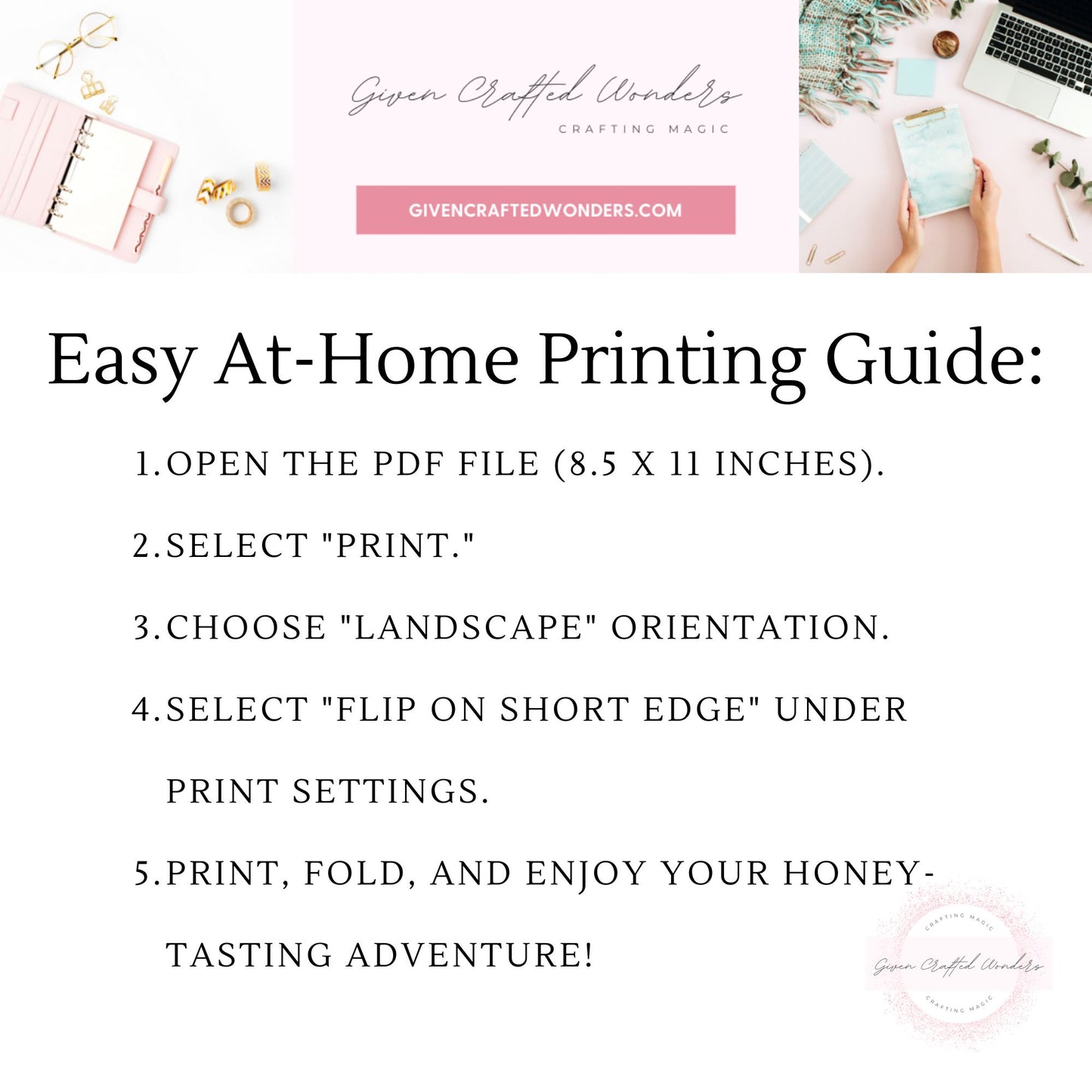 At-home printing guide with step-by-step instructions on a white background, featuring the brand 'Given Crafted Wonders'.