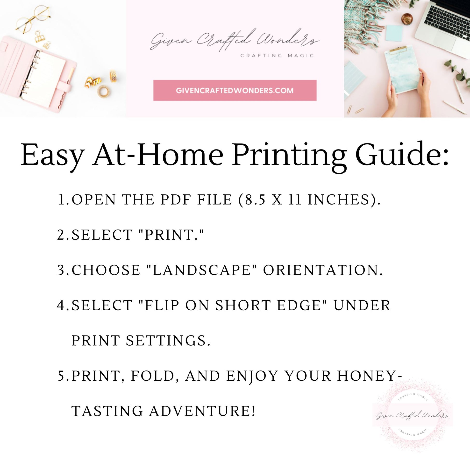 At-home printing guide with step-by-step instructions on a white background, featuring the brand 'Given Crafted Wonders'.