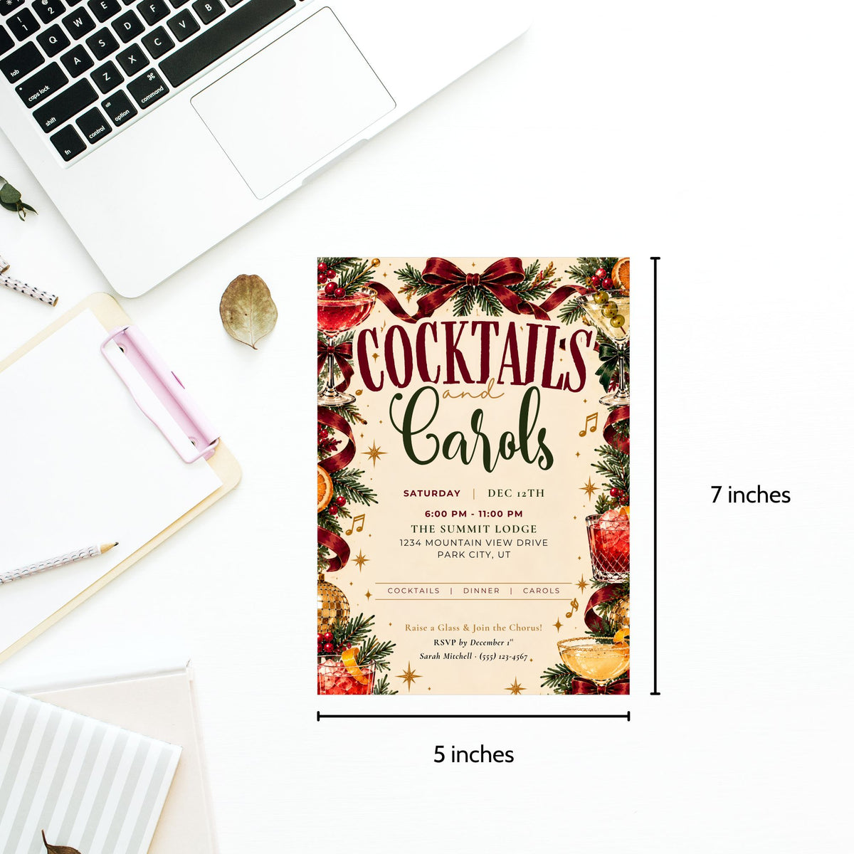 A flat-lay mockup of a Christmas-themed cocktail cards invitation template, shown with dimension lines indicating 5 inches by 7 inches. The card features a festive red and gold holiday design with pine branches, ornaments, and a red bow.