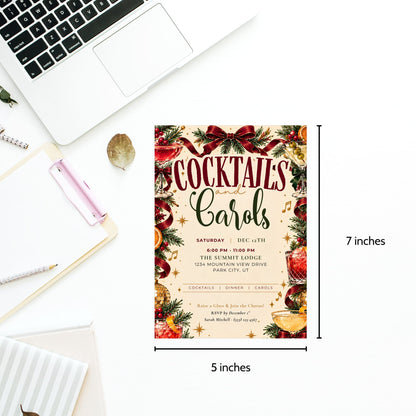 A flat-lay mockup of a Christmas-themed cocktail cards invitation template, shown with dimension lines indicating 5 inches by 7 inches. The card features a festive red and gold holiday design with pine branches, ornaments, and a red bow.