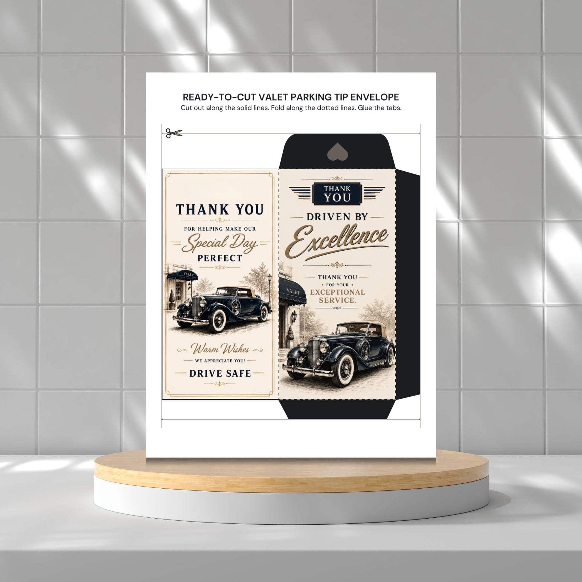 Printable bundle of 10 valet parking tip envelopes featuring luxury hotel, minimalist, wedding, holiday, business travel, tropical resort, classic car, and black-and-gold designs for valet attendant appreciation and gratuity presentation.