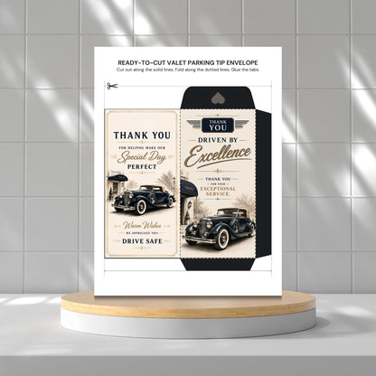 Printable bundle of 10 valet parking tip envelopes featuring luxury hotel, minimalist, wedding, holiday, business travel, tropical resort, classic car, and black-and-gold designs for valet attendant appreciation and gratuity presentation.