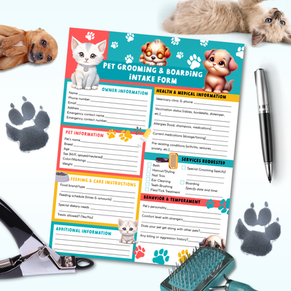 Printable Bold and Bright Pet Grooming & Boarding Intake & Consent Form – colorful 8.5x11 PDF form for pet groomers, boarding, and pet spas.
